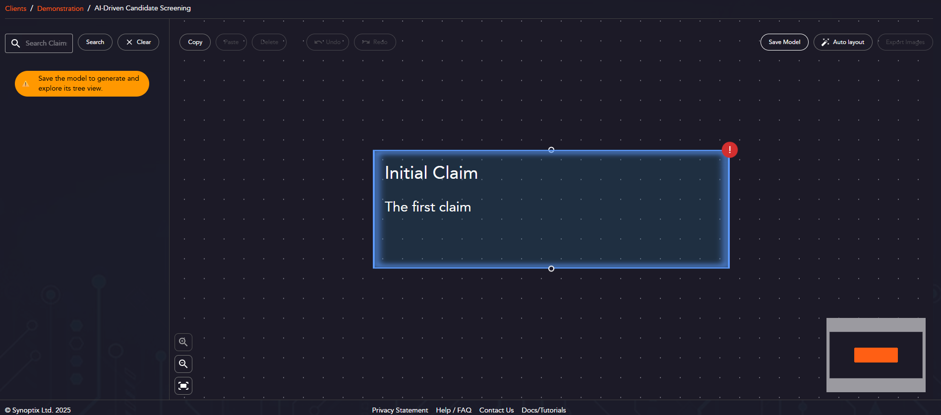 First screen when creating a model, featuring an initial claim in the centre of the screen with placeholder text